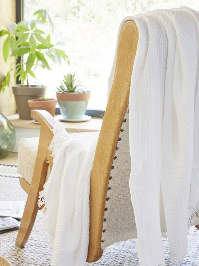Plaid à franges en Gaze de coton Blanc - Kiabi