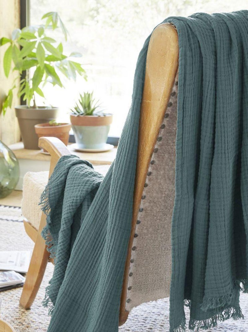Plaid à franges en Gaze de coton Bleu canard - Kiabi
