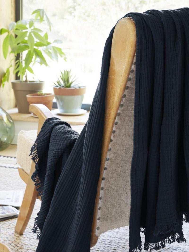 Plaid à franges en Gaze de coton Bleu nuit - Kiabi