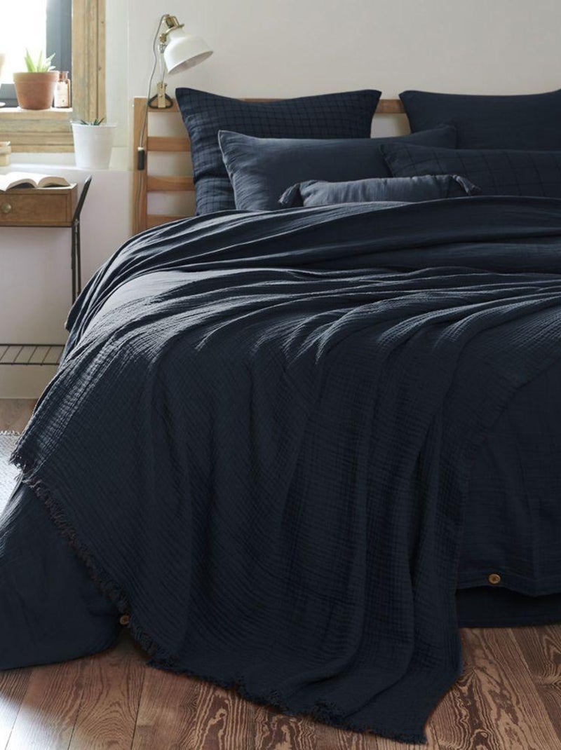 Plaid à franges en Gaze de coton Bleu nuit - Kiabi