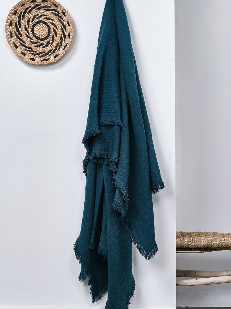 Plaid à franges en gaze de coton Bleu - Kiabi