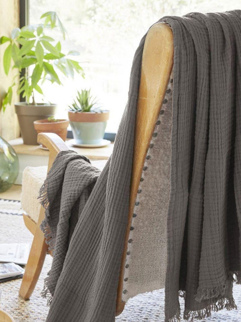 Plaid à franges en Gaze de coton gris anthracite - Kiabi