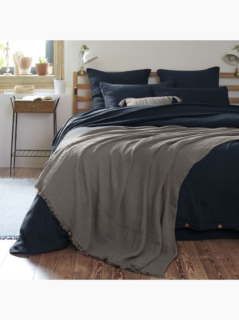 Plaid à franges en Gaze de coton gris anthracite - Kiabi