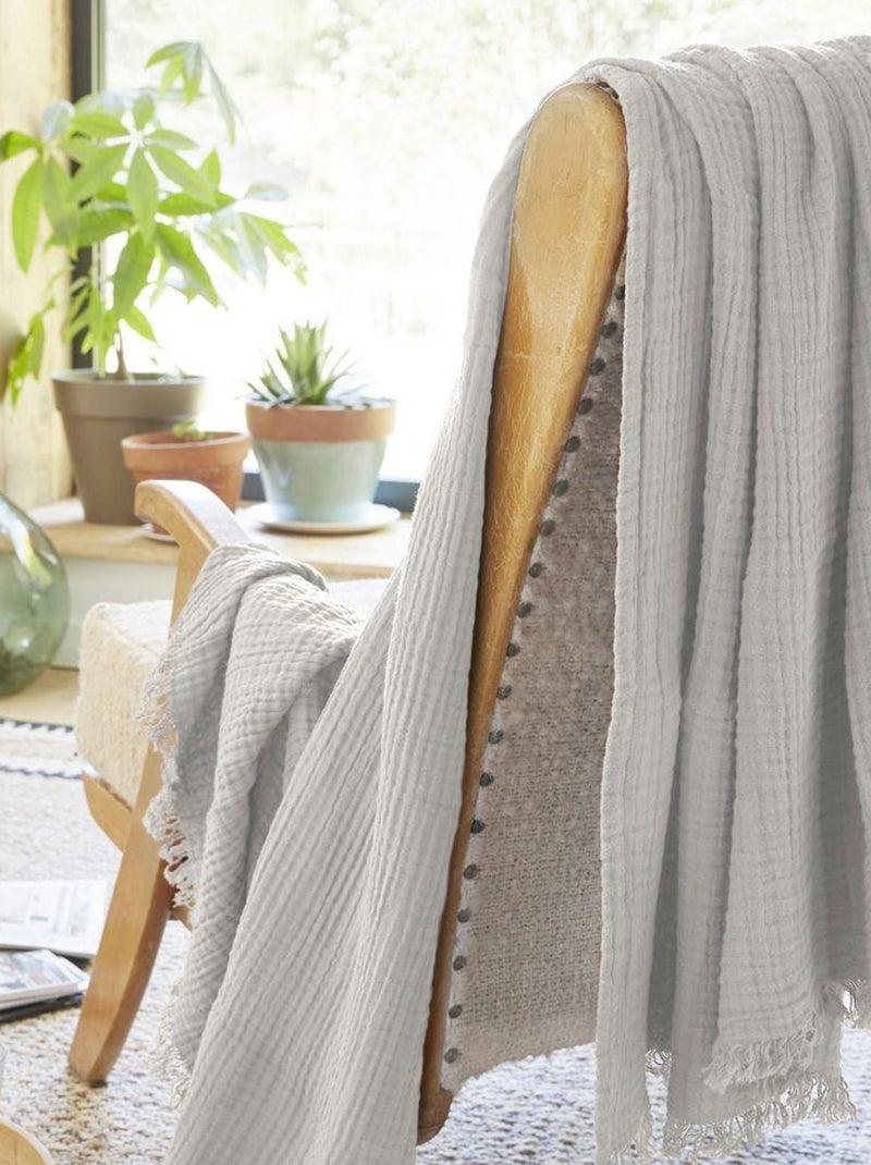 Plaid à franges en Gaze de coton Gris clair - Kiabi