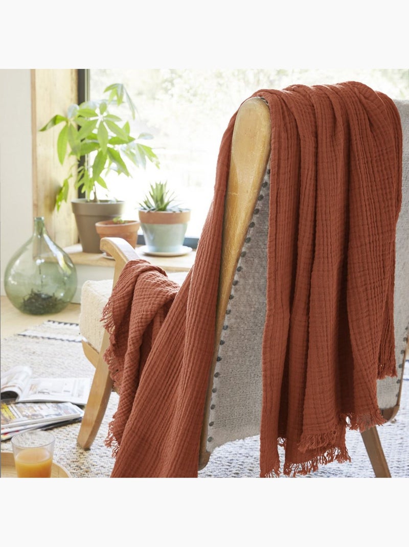 Plaid à franges en Gaze de coton Orange - Kiabi