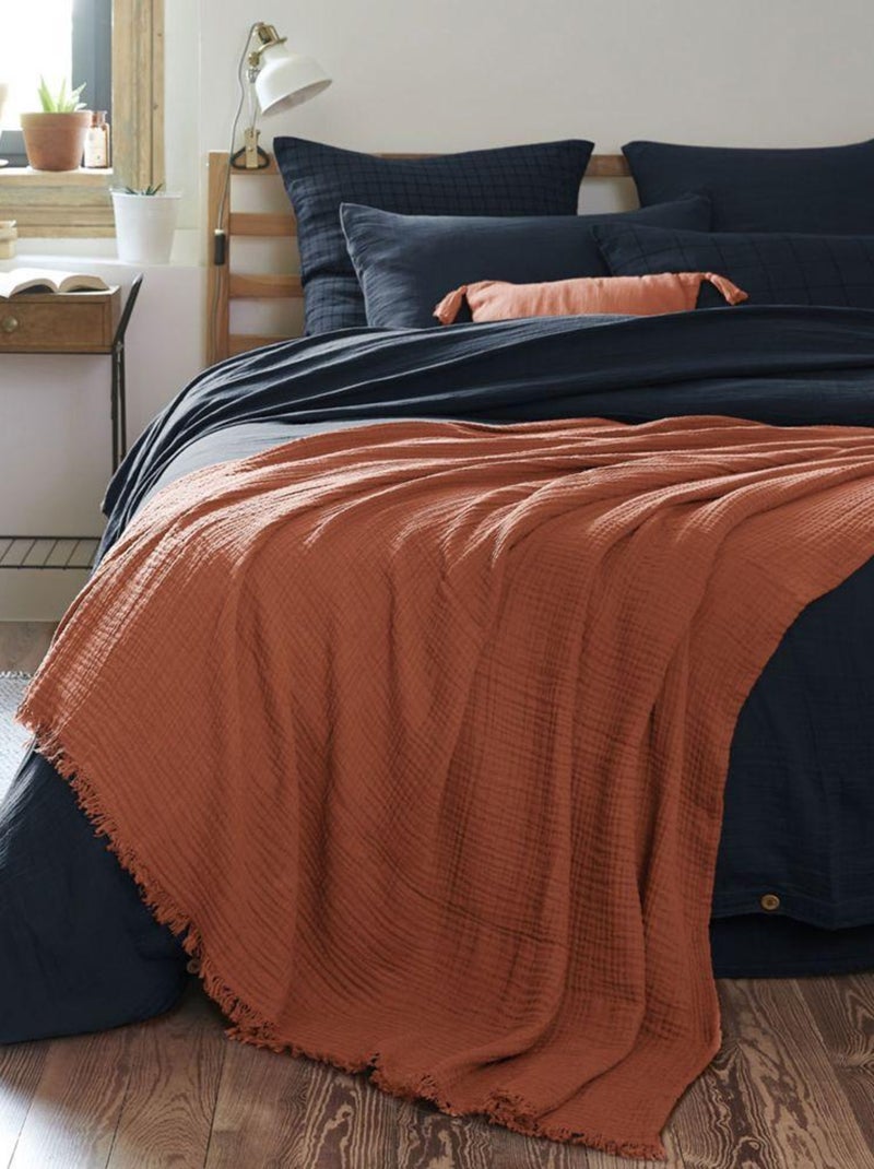 Plaid à franges en Gaze de coton Orange - Kiabi