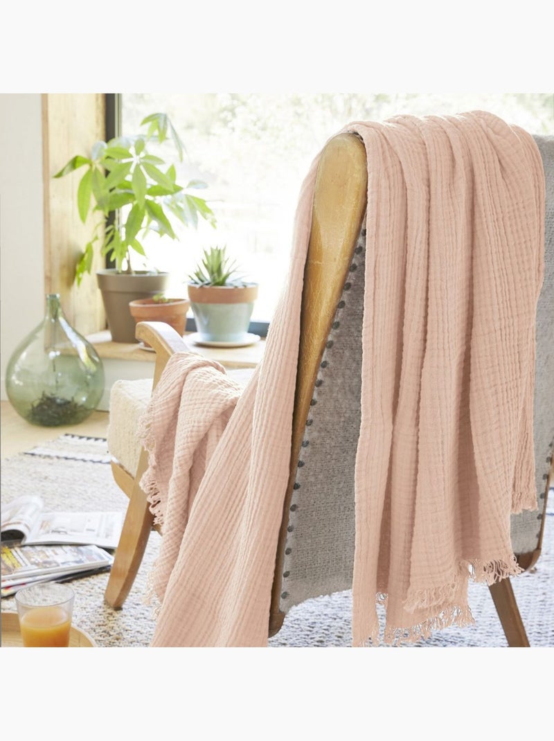 Plaid à franges en Gaze de coton Rose clair - Kiabi
