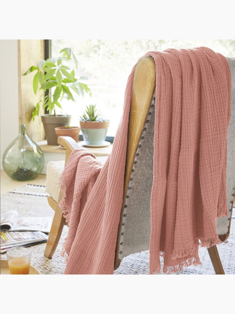 Plaid à franges en Gaze de coton Rose foncé - Kiabi