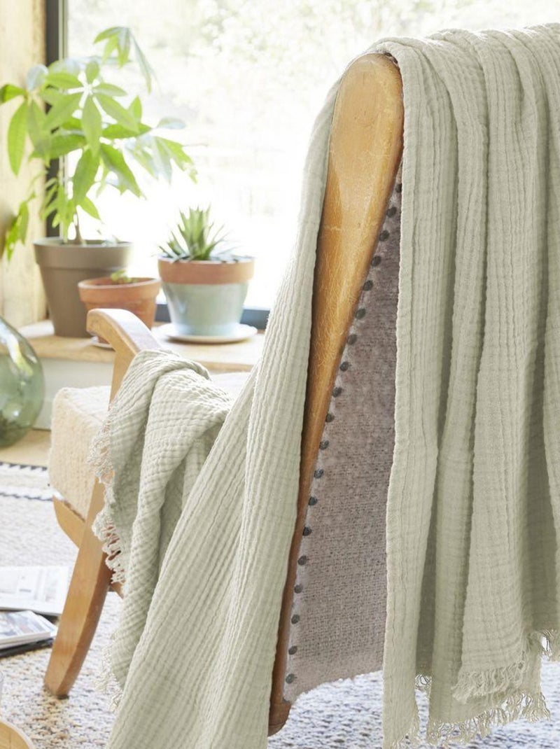 Plaid à franges en Gaze de coton Vert clair - Kiabi