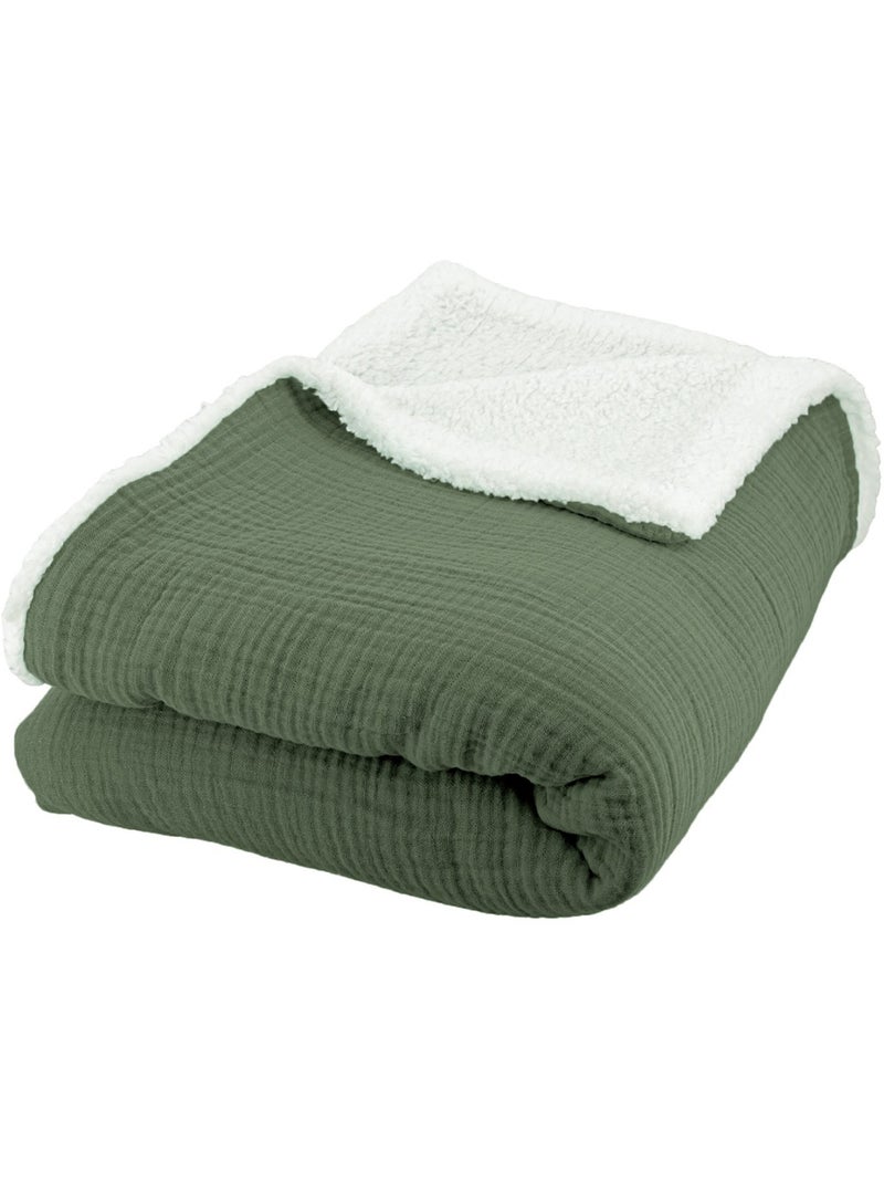 Plaid Bi Matière Gaze de Coton 130x170 cm Kaki - Kiabi
