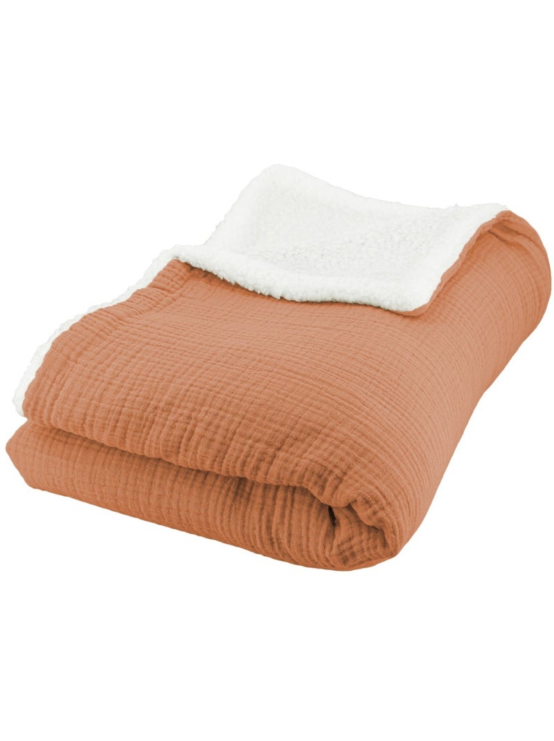 Plaid Bi Matière Gaze de Coton 130x170 cm Marron caramel - Kiabi
