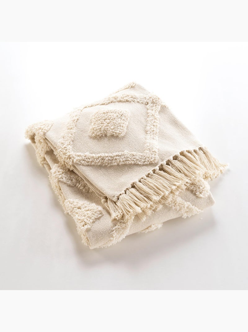 Plaid bohème tufté avec franges Blanc cassé - Kiabi