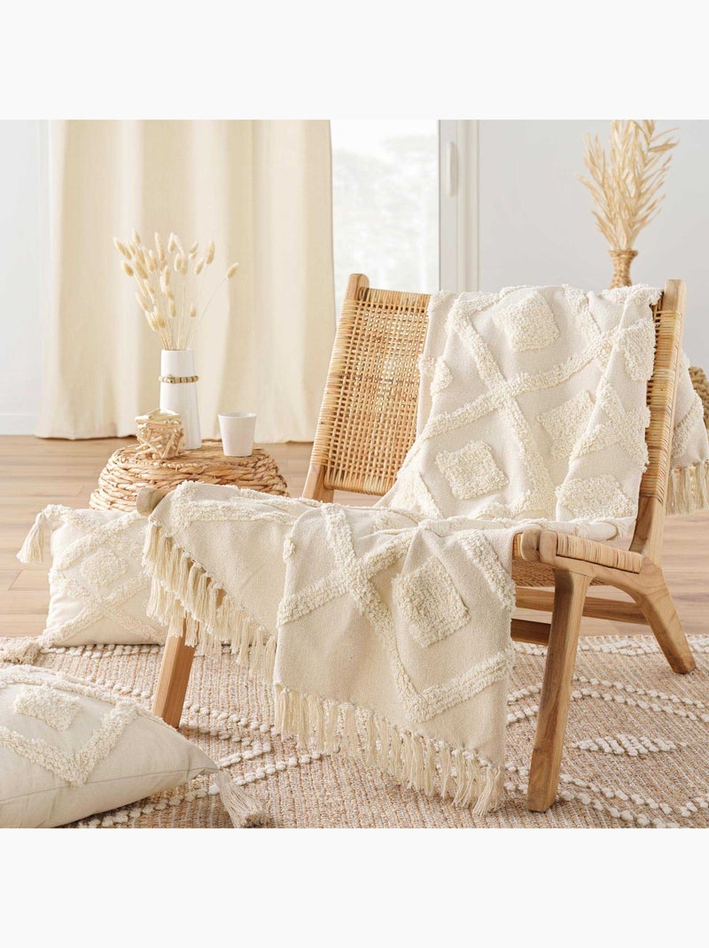 Plaid bohème tufté avec franges Blanc cassé - Kiabi