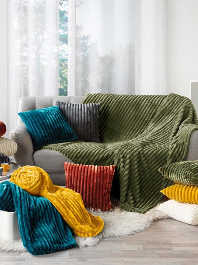 Plaid côtelé flanelle kaki effet fourrure 180x220cm Vert - Kiabi