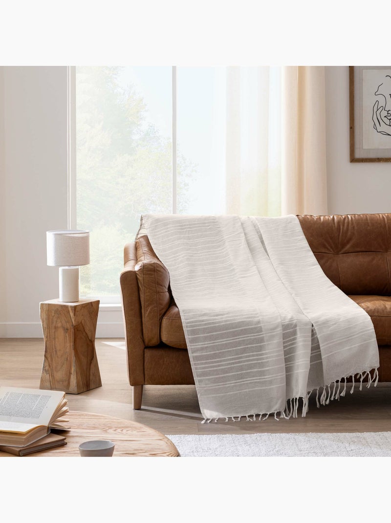 Plaid coton à franges grand format Beige coquille - Kiabi