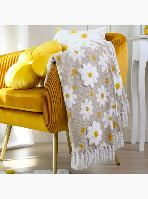 Plaid décoratif imprimé marguerites en polycoton - Kiabi
