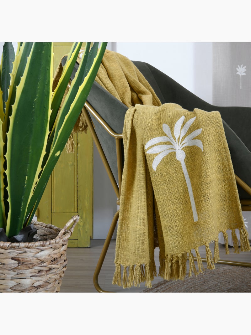 Plaid décoratif motif palmier esprit exotique Jaune moutarde - Kiabi