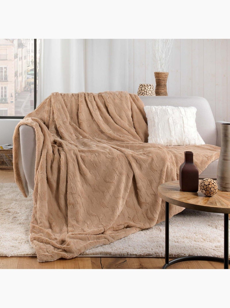 Plaid doux a poil et sherpa Foxy Beige sable - Kiabi