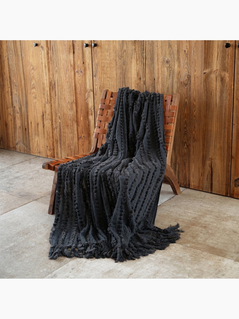 Plaid en chenille texturée avec franges gris anthracite - Kiabi