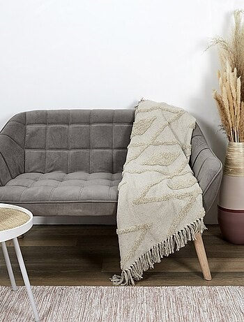 Plaid ethnique relief losange écru 120x150 cm coton