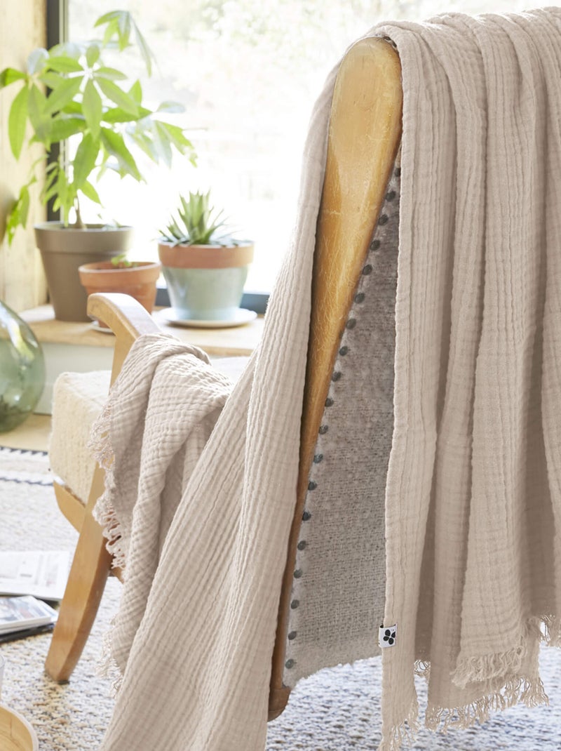 Plaid gaze de coton à franges - Terre de Nuit Beige - Kiabi