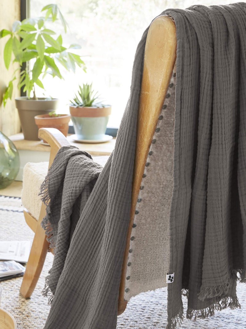 Plaid gaze de coton à franges - Terre de Nuit gris anthracite - Kiabi