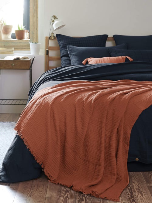 Plaid gaze de coton à franges - Terre de Nuit - Kiabi