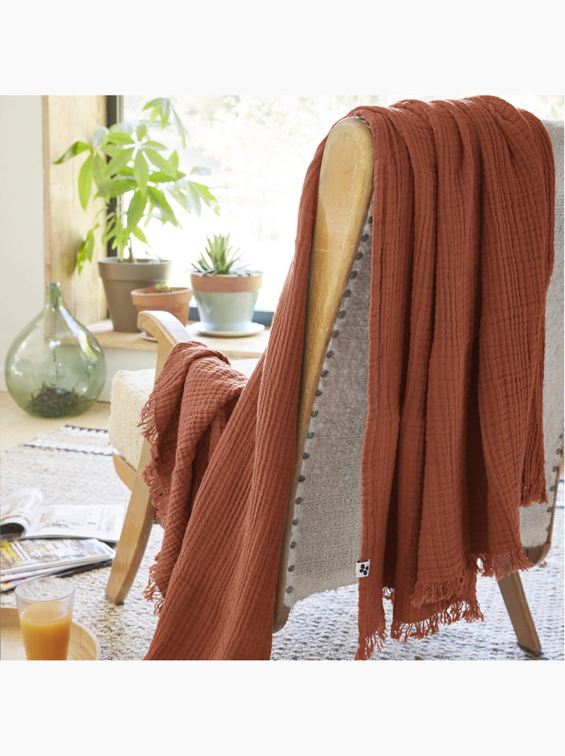 Plaid gaze de coton à franges - Terre de Nuit Terracotta - Kiabi