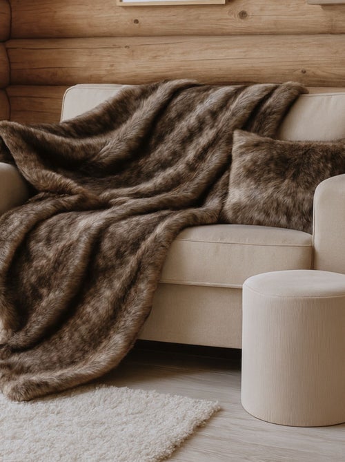 Plaid  imitation fourrure   - Effet loup brun doublé velours - Kiabi