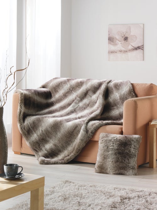 Plaid  imitation fourrure   - Effet loup brun doublé velours - Kiabi