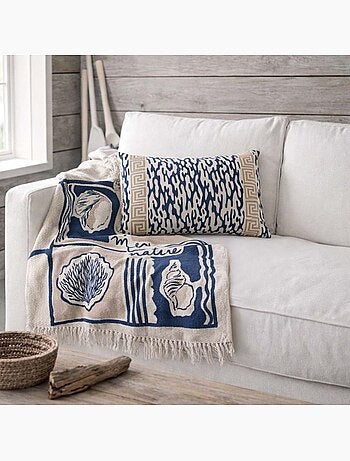 Plaid jeté de canapé en coton flammé imprimé coquillages 150x150cm