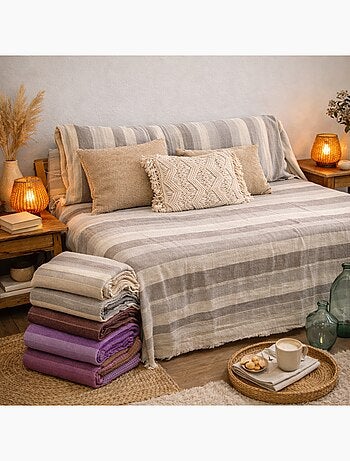 Plaid jeté de canapé / jeté de lit tissé - AKOLA - 100% coton - grand boutis en camaïeu