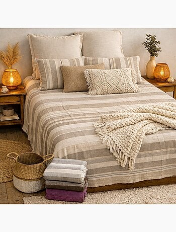 Plaid jeté de canapé / jeté de lit tissé - AKOLA - 100% coton - grand boutis en camaïeu