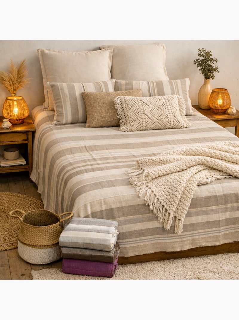 Plaid jeté de canapé / jeté de lit tissé - AKOLA - 100% coton - grand boutis en camaïeu Beige - Kiabi