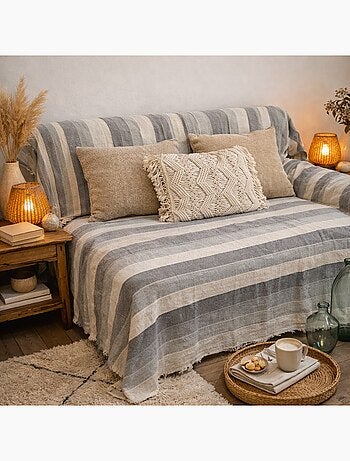Plaid jeté de canapé / jeté de lit tissé - AKOLA - 100% coton - grand boutis en camaïeu