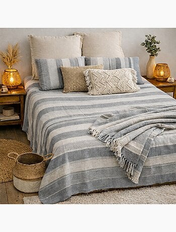 Plaid jeté de canapé / jeté de lit tissé - AKOLA - 100% coton - grand boutis en camaïeu