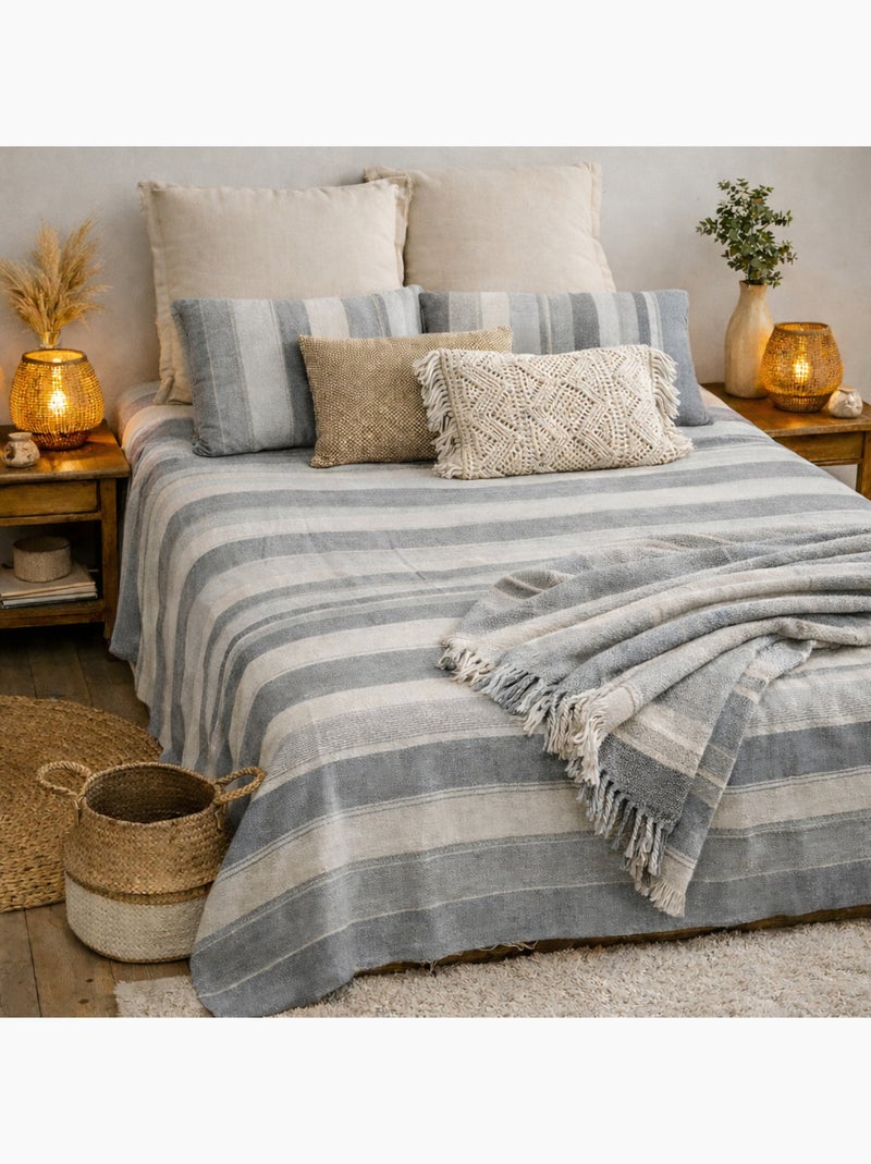 Plaid jeté de canapé / jeté de lit tissé - AKOLA - 100% coton - grand boutis en camaïeu Gris - Kiabi