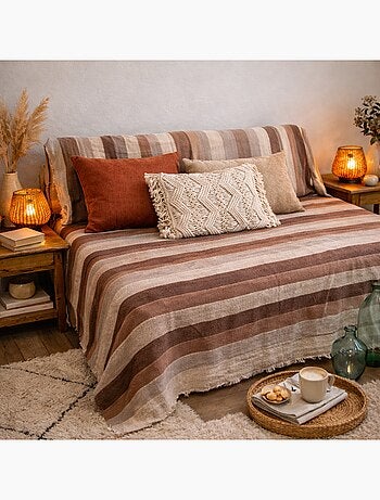 Plaid jeté de canapé / jeté de lit tissé - AKOLA - 100% coton - grand boutis en camaïeu