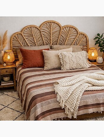 Plaid jeté de canapé / jeté de lit tissé - AKOLA - 100% coton - grand boutis en camaïeu