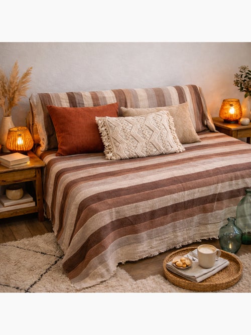 Plaid jeté de canapé / jeté de lit tissé - AKOLA - 100% coton - grand boutis en camaïeu - Kiabi
