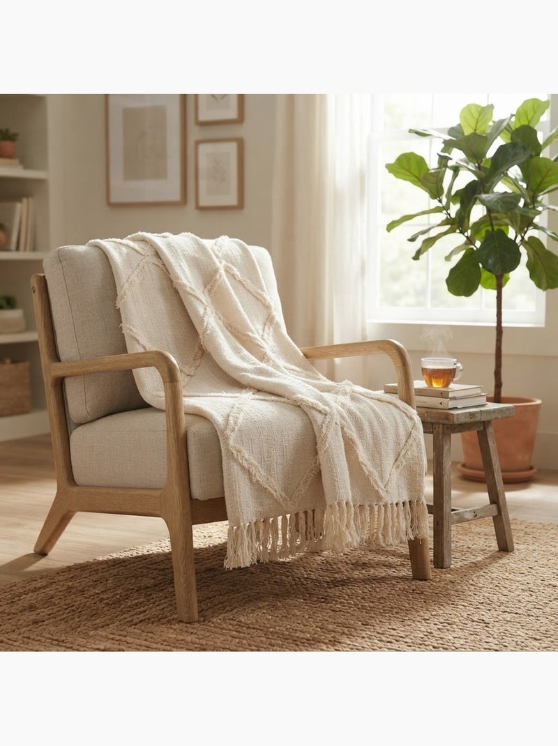 Plaid jeté de lit ou fauteuil en coton tufté Ivoire - Kiabi