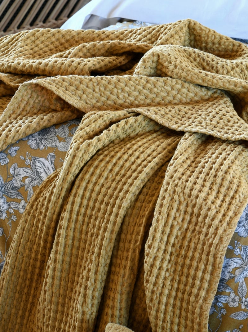 Plaid nid d'abeille coton Jaune - Kiabi