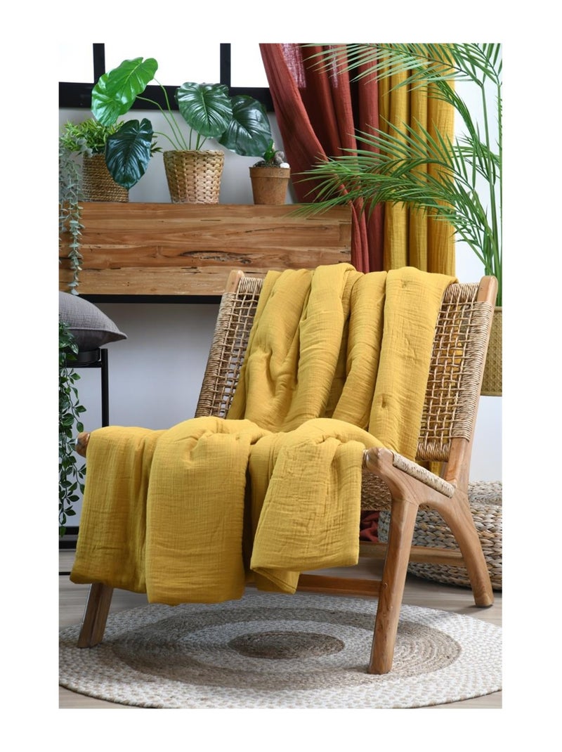 Plaid ou Edredon en gaze de coton Colors Jaune moutarde - Kiabi