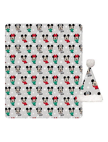 Plaid polaire Disney Mickey - Noël (avec un Bonnet de Noël inclus)