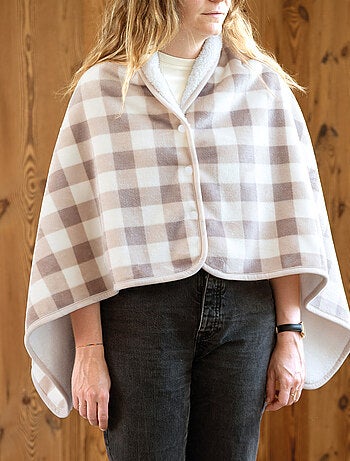 Plaid poncho 2 en 1 polaire avec boutons pression – motif vichy