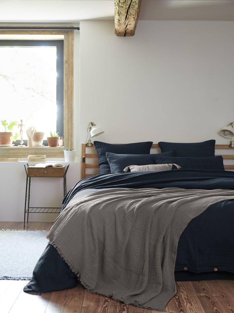 Plaid quadruple gaze de coton 130 x 160 cm Gaia granit gris anthracite - Kiabi