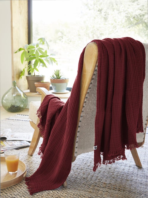 Plaid quadruple gaze de coton 130 x 160 cm Gaia lie de vin - Kiabi