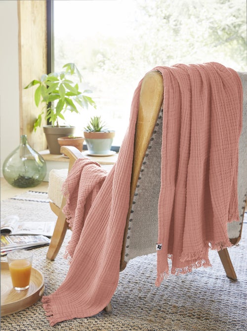 Plaid quadruple gaze de coton 130 x 160 cm Gaia peche - Kiabi