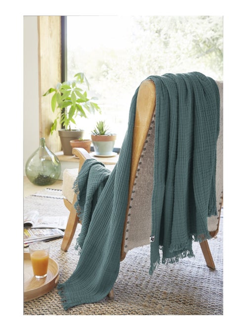 Plaid quadruple gaze de coton 180 x 220 cm Gaia bleu nuit - Kiabi