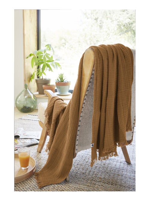 Plaid quadruple gaze de coton 180 x 220 cm Gaia camel - Kiabi